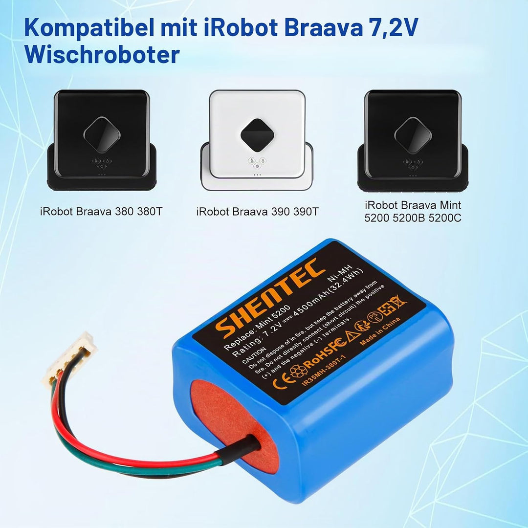 Shentec 7.2V 3500mAh Ni-MH Akku Ersatzakku für iRobot Braava 380 380T 390 390T Mint 5200 5200B 5200C
