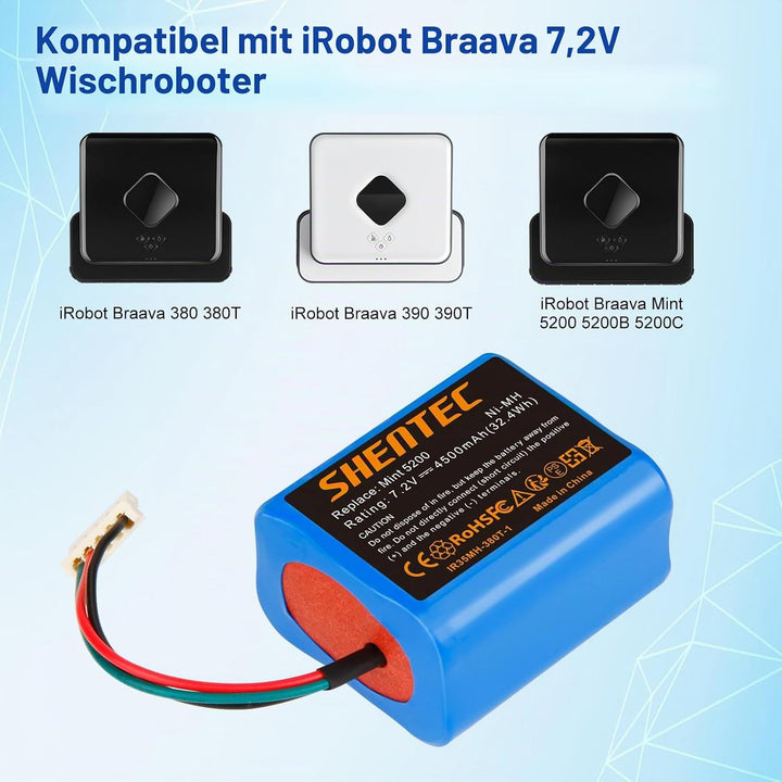Shentec 7.2V 3500mAh Ni-MH Akku Ersatzakku für iRobot Braava 380 380T 390 390T Mint 5200 5200B 5200C