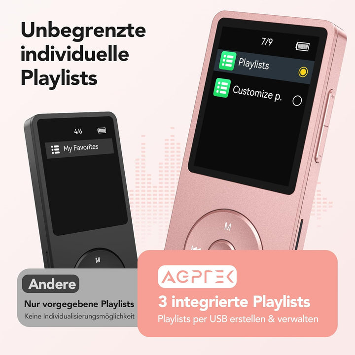 AGPTEK 64 GB Klassischer MP3 Player, 70 Stunden Akkulaufzeit tragbare HiFi Musik Player mit Kopfhöre