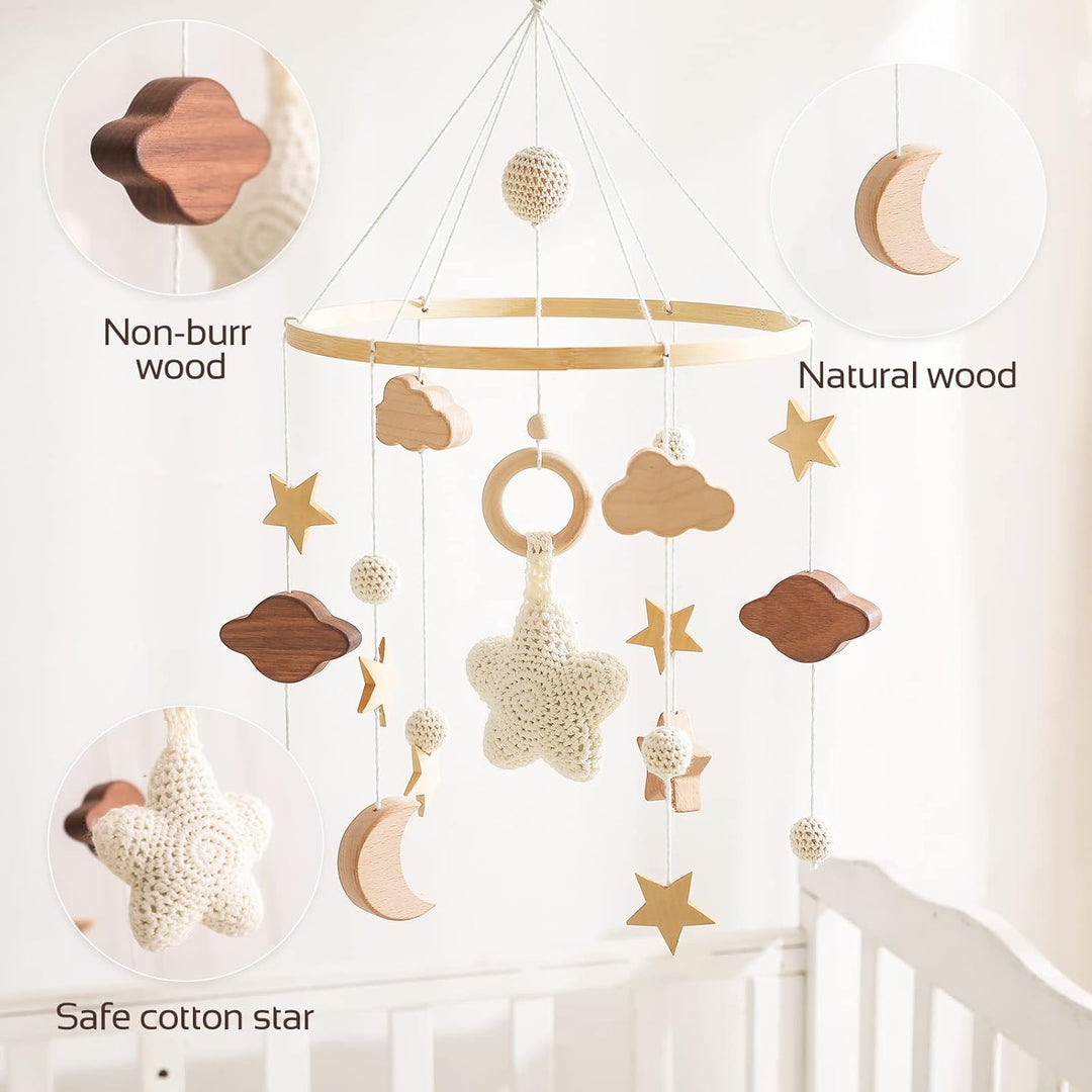 Mobile Baby Windspiele mit Wolken Mond Sterne Handgefertigt Holz Gehäkelt Mobile Baby Neugeborene Ju