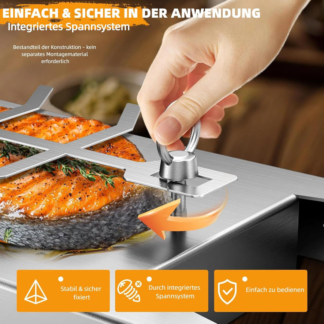 2er-Set Flammlachsbrett Edelstahl – 59×16 & 52×11,5 cm – verstellbare BBQ Halterung für Fisch & Flei