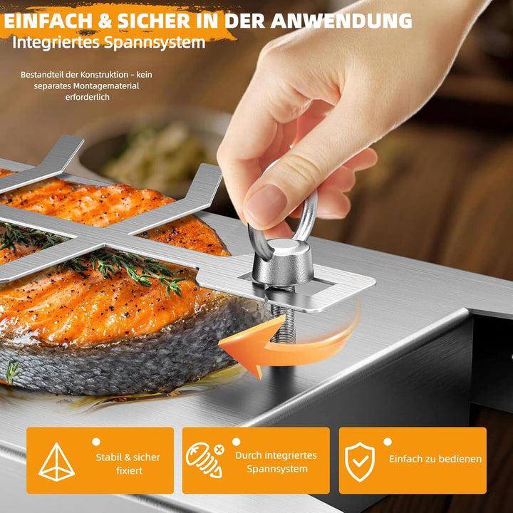 2er-Set Flammlachsbrett Edelstahl – 59×16 & 52×11,5 cm – verstellbare BBQ Halterung für Fisch & Flei