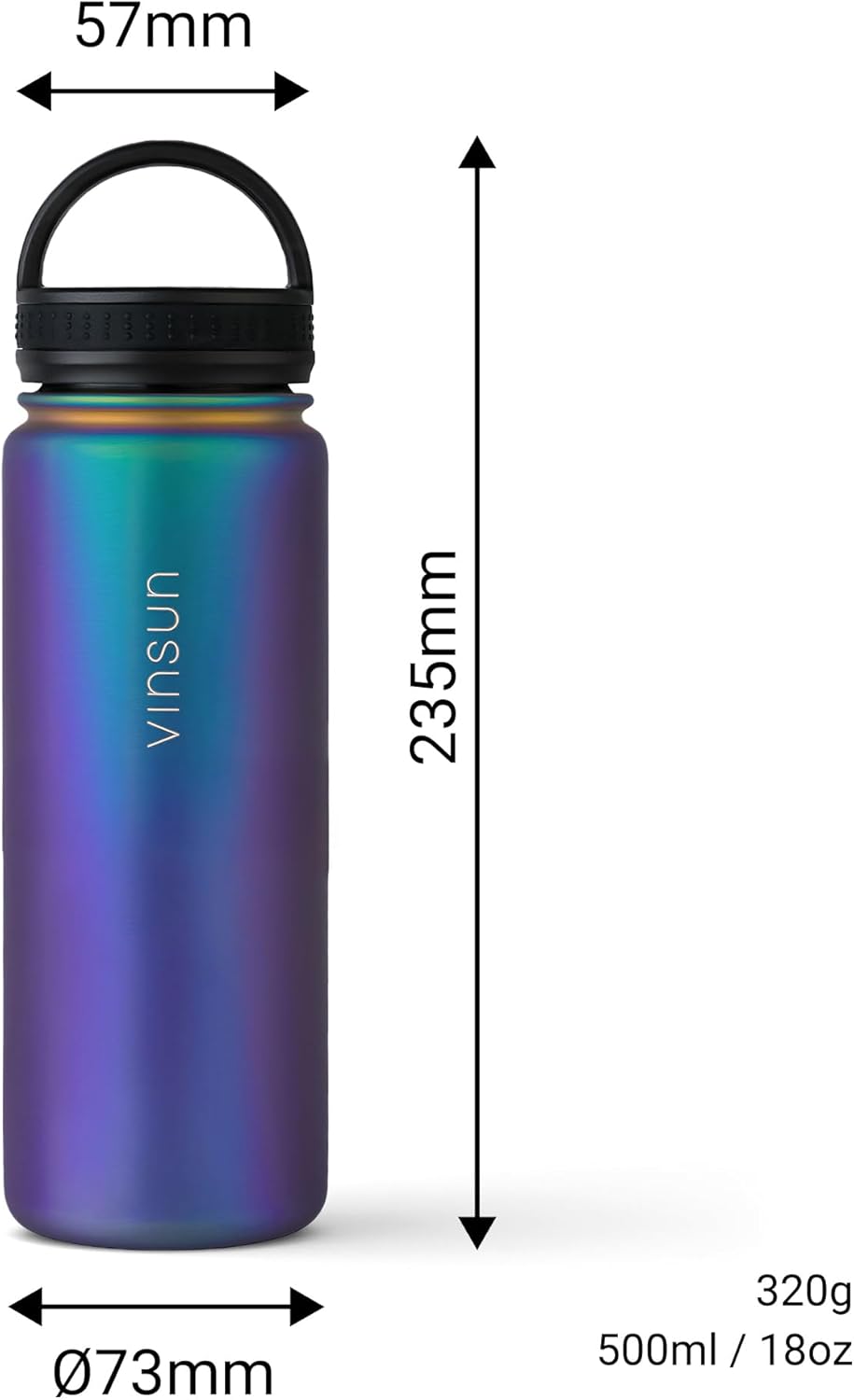 Vinsun Edelstahl Trinkflasche 500ml - Strohhalm, Trinköffnung, Drehverschluss - auslaufsicher, Kohle