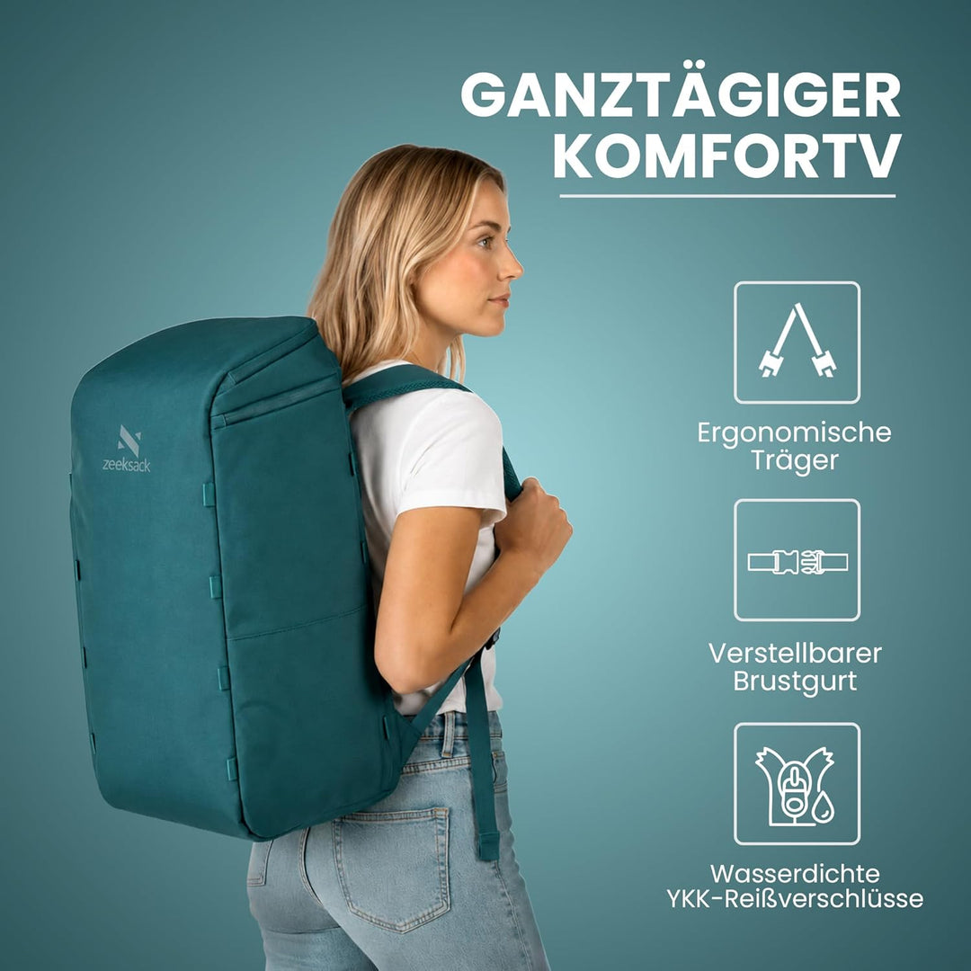 Zeeksack The Organizer - Grosser Rucksack Hellblau 40L - Wasserabweisender Handgepäck-Reiserucksack