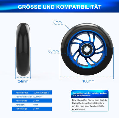 2Stück 100mm Stunt Scooter Rollen Roller Reifen - Scooter Räder Ersatzräder,Mit Felgen Aus Aluminium