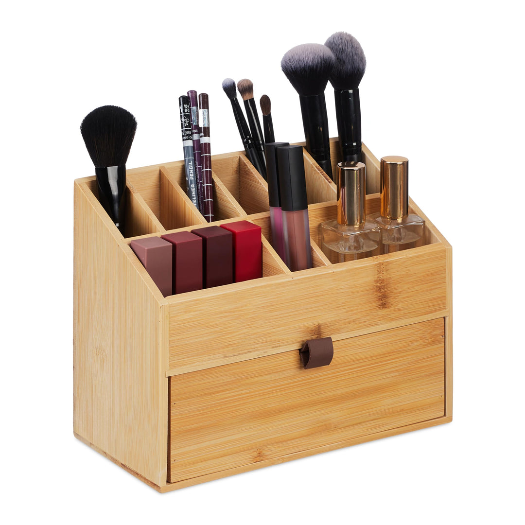 Relaxdays Kosmetik Organizer, Make up Organizer mit Schublade, Pinselhalter, Bambus, HxBxT: 19 x 25,