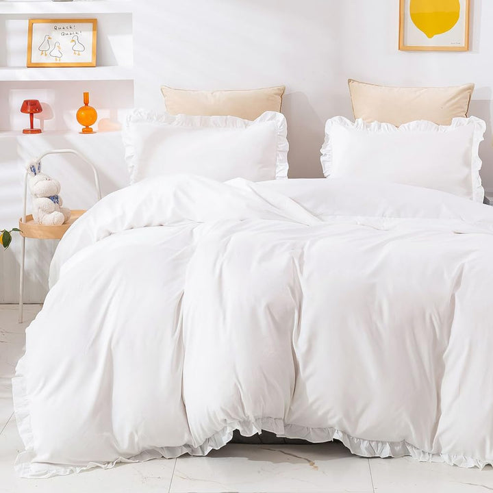 Bettwäsche Rüschen 135x200 Weiss Uni Einfarbig Romantisch Bettwäsche Set mit Rüschen 100% Weich Mikr