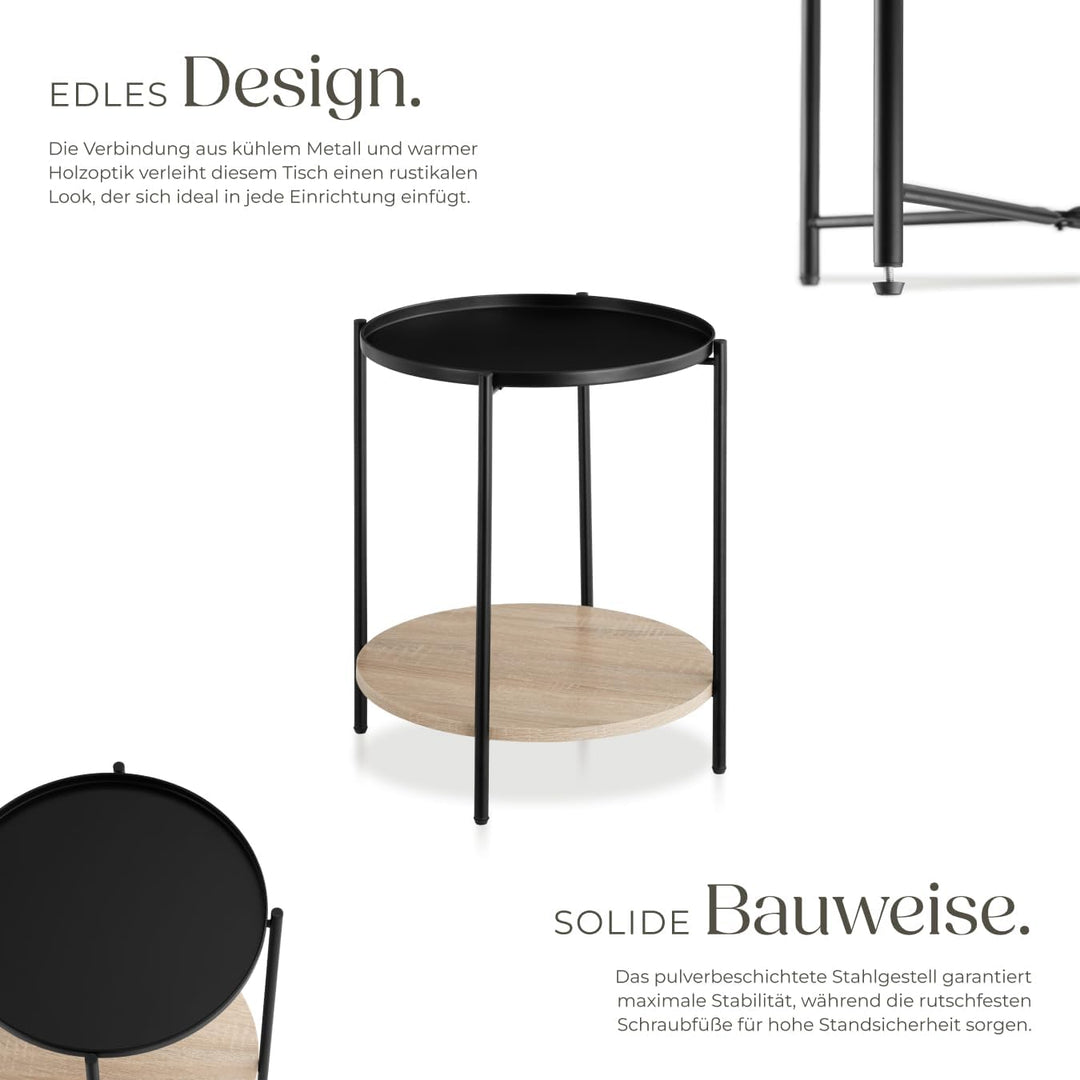 tectake® Beistelltisch rund, Nachttisch Metall und Holz, Couchtisch rund mit Stauraum auf 2 Ebenen,