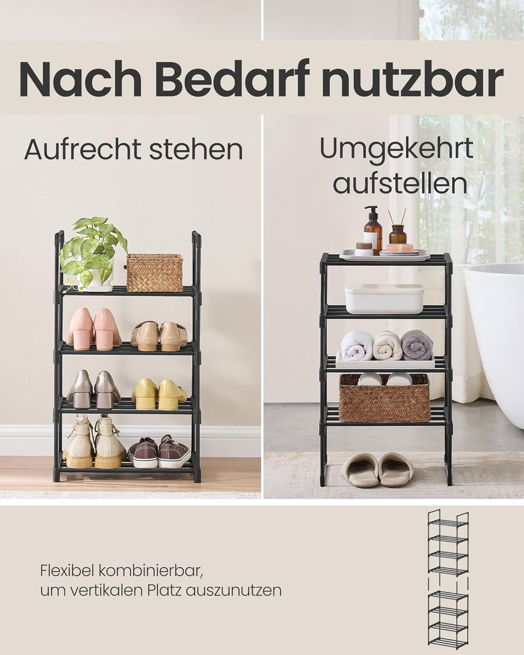 SONGMICS Schuhregal 4 Ebenen, Schuhständer Metall, Schuhaufbewahrung, Schuh-Organizer, aufrecht oder