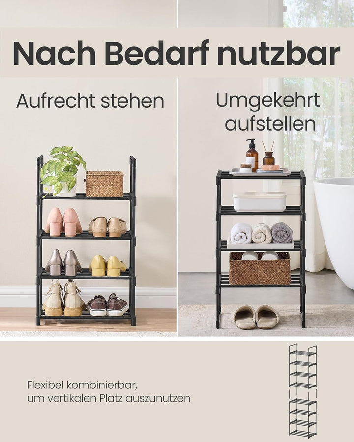 SONGMICS Schuhregal 4 Ebenen, Schuhständer Metall, Schuhaufbewahrung, Schuh-Organizer, aufrecht oder