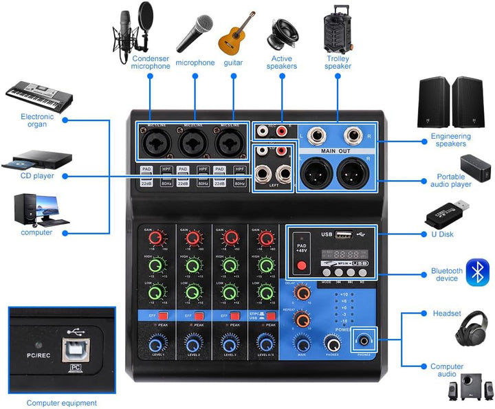 DJ Mischer 5-Kanal Professional 48V USB Mini Audio Mixer Audio Mischpult DJ Konsole Soundboard für S