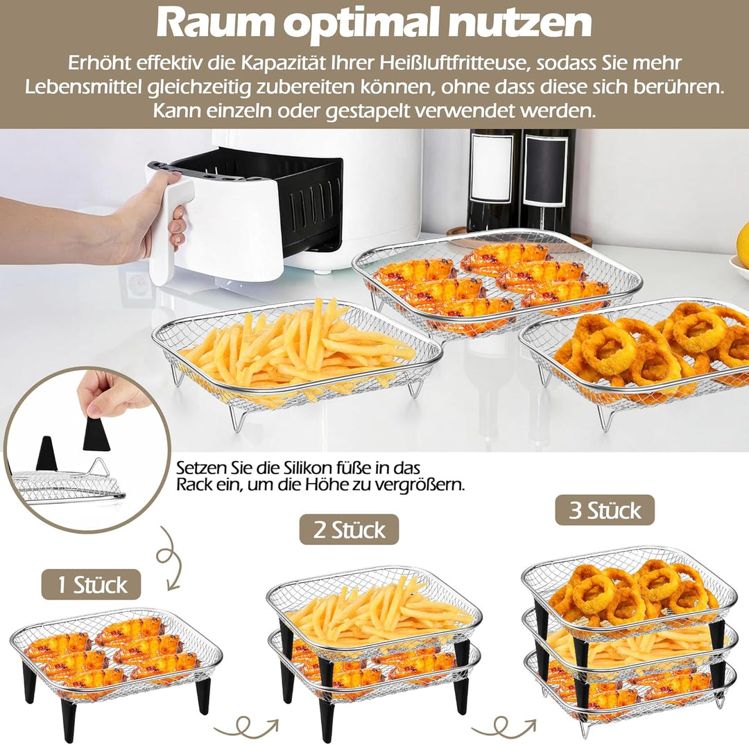 Herogo Heissluftfritteuse Zubehör, 3 Lagig Edelstahl Eckig Frittierkorb Gitter für Heissluftfritteus