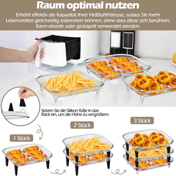 Herogo Heissluftfritteuse Zubehör, 3 Lagig Edelstahl Eckig Frittierkorb Gitter für Heissluftfritteus