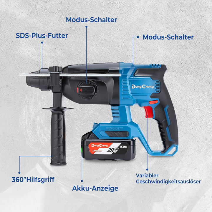 DongCheng Akku Bohrhammer 18V, Schlagenergie 2.7 J, mit 4 Stück SDS-plus, Bohren bis 28 mm, Bürstenl