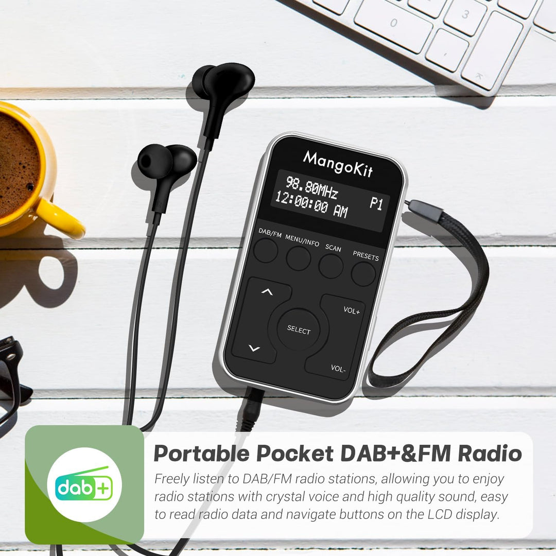 MangoKit MP1+Tragbares Taschen-DAB-Radio DAB/DAB+,persönliches FM-Radio mit Kopfhörern,Sport-DAB-Rad