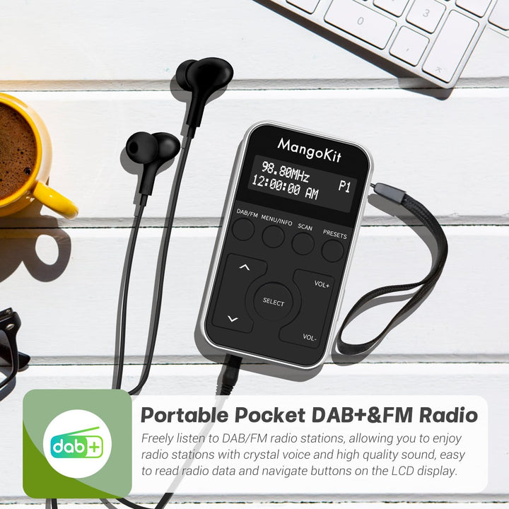 MangoKit MP1+Tragbares Taschen-DAB-Radio DAB/DAB+,persönliches FM-Radio mit Kopfhörern,Sport-DAB-Rad