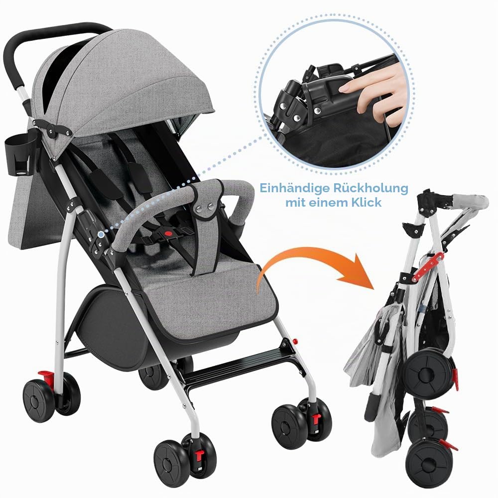 Kinderwagen Buggy Liegefunktion, Leichter 4-Rad Buggy ab 0–4 Jahre, Verstellbare Rückenlehne, Klein