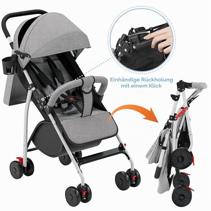 Kinderwagen Buggy Liegefunktion, Leichter 4-Rad Buggy ab 0–4 Jahre, Verstellbare Rückenlehne, Klein