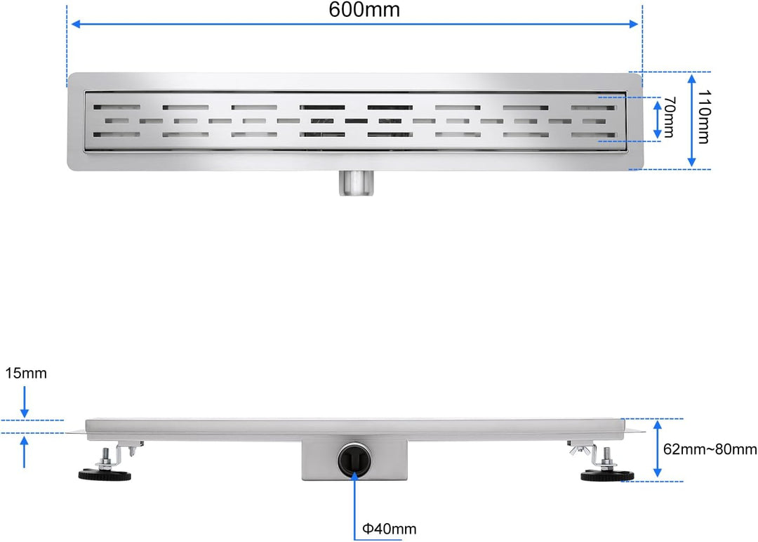 Duschrinne 60cm Gebürstet, 360° Siphon mit Geruchsstop und Haarsieb, 304 Edelstahl Ablaufrinne Boden