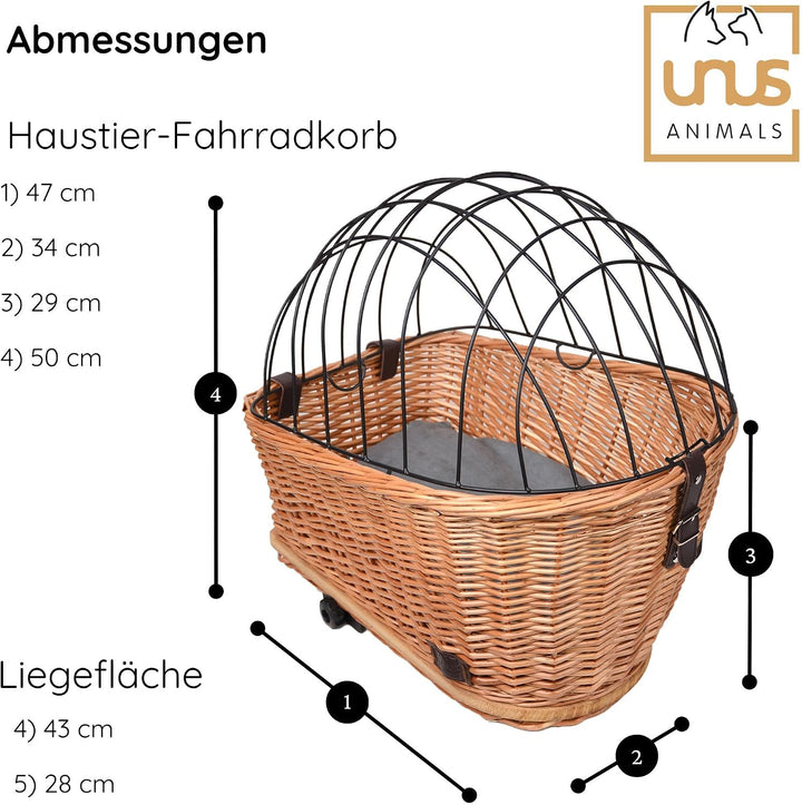 UNUS Hundefahrradkorb für Gepäckträger aus Weide Fahrradkorb mit Gitterabdeckung und Kissen 47x29x34
