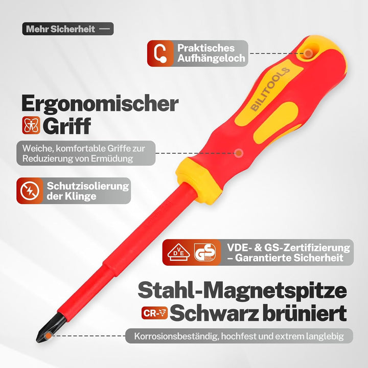 BILITOOLS Isoliertes Schraubendreher-Set 9-tlg. VDE 1000V inkl. Spannungsprüfer – Elektriker-Werkzeu