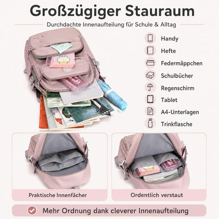 JANSBEN Wasserdichter Schulrucksack für Mädchen &amp; Jungen, Mehrfachfach-Rucksack für Schule &amp; Reisen,