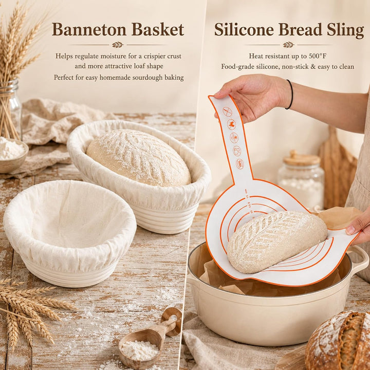 Sauerteig Starter Set 16-teilig, Gärkörbchen Set 10 Zoll Oval &amp; 9 Zoll Rund, Brotbackset mit Starter