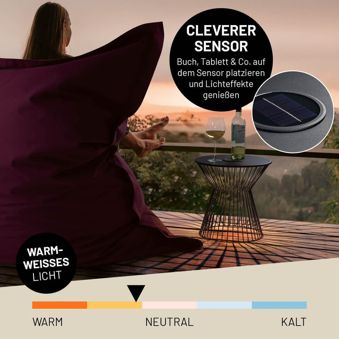 Lumaland Beistelltisch mit LED-Solarbeleuchtung | Ideal als Couchtisch, Nachttisch, Wohnzimmertisch,