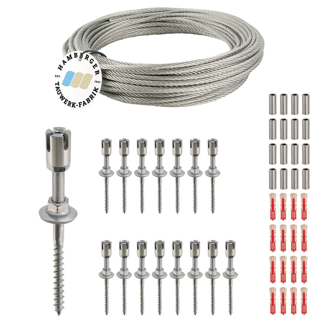 Rankhilfe/Ranksystem ''M'' aus Edelstahl - Wandabstand 50mm (Set 7) mit 16 Wandhaltern und 30m Draht