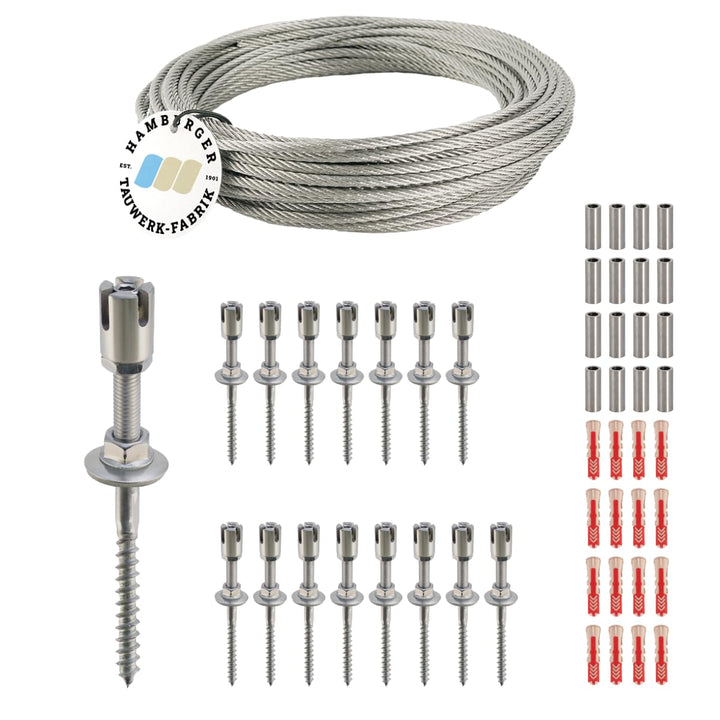 Rankhilfe/Ranksystem ''M'' aus Edelstahl - Wandabstand 50mm (Set 7) mit 16 Wandhaltern und 30m Draht