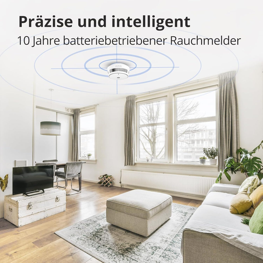 Rauchmelder, 10 Jahre Batterie, Rauchmelder für Zuhause, Feueralarm mit Stummschaltfunktion aus der