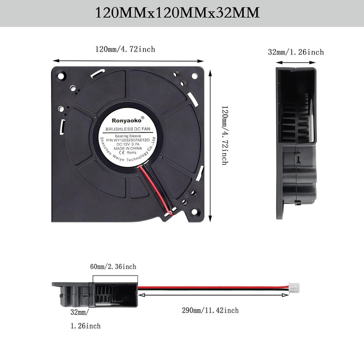 Kollektorloses Turbo-DC-Gebläse 12032, 12 V, 0,7 A, 120 x 120 x 32 mm