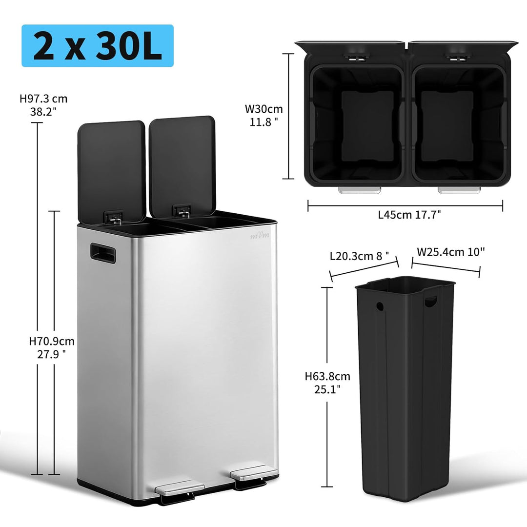 mVm Mülleimer Küche,60 Liter Treteimer,2 x 30 Liter Treteimer, 2 Fächer, Mülltrennsystem, Abfalleime