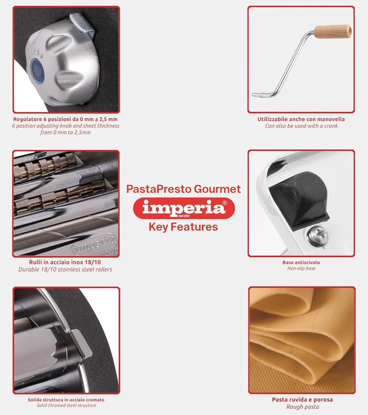 Imperia Pastapresto Ruvida Gourmet Linie. Elektrische Nudelmaschine Made in Italy. Frischpastamaschi