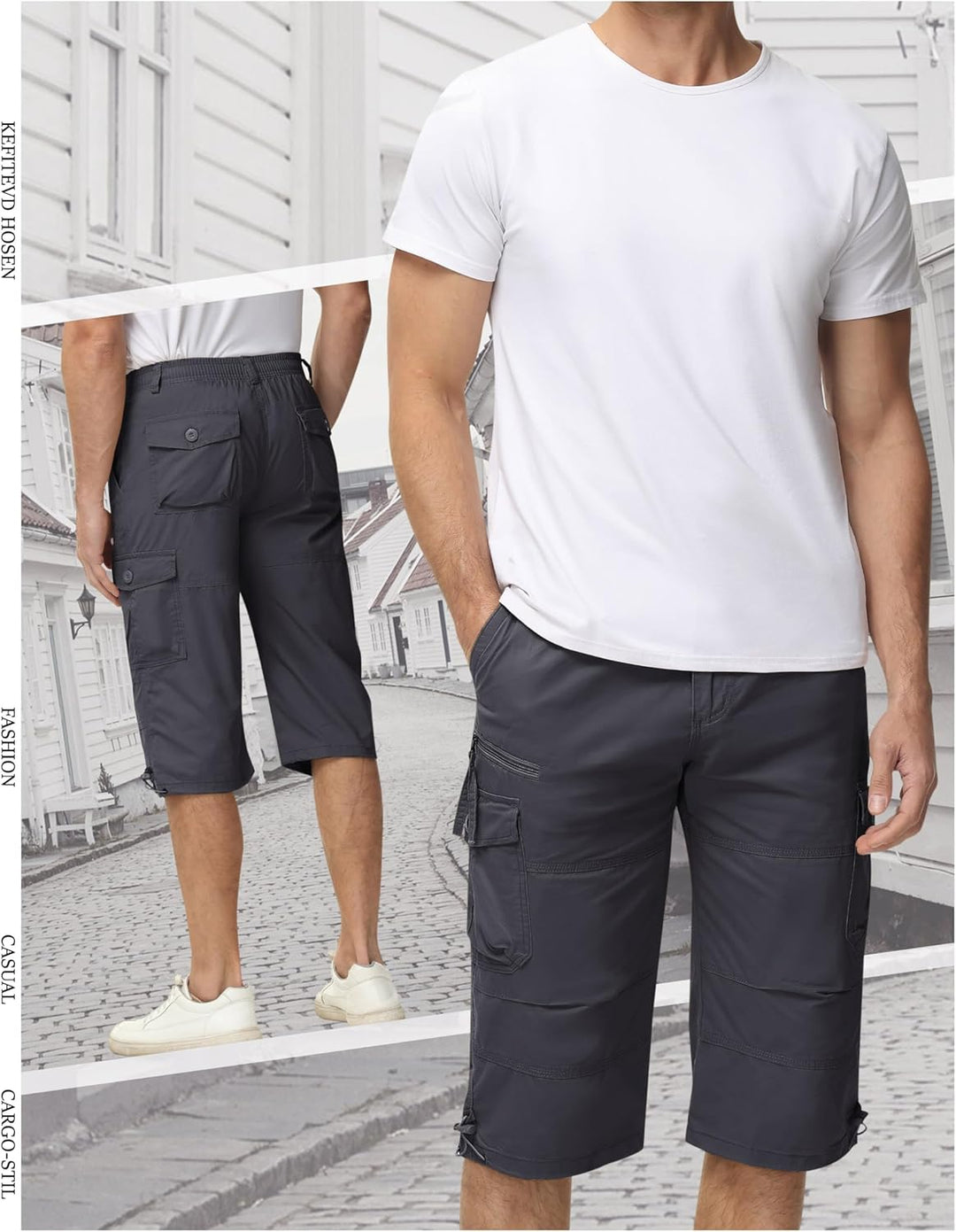 KEFITEVD 3/4 Hose Herren Cargo Shorts Männer Bermuda Shorts Multi Taschen Sommer Kurze Hose Baumwoll