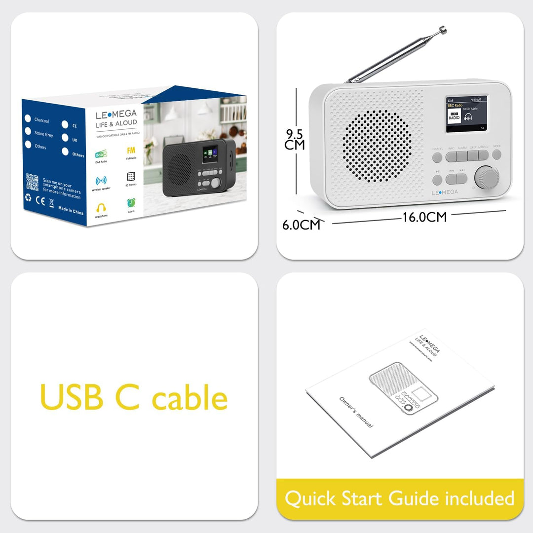 Tragbares DAB+-Radio mit Bluetooth | Wiederaufladbarer Akku mit 15 Stunden Spielzeit oder Netzbetrie