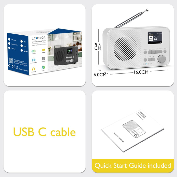 Tragbares DAB+-Radio mit Bluetooth | Wiederaufladbarer Akku mit 15 Stunden Spielzeit oder Netzbetrie