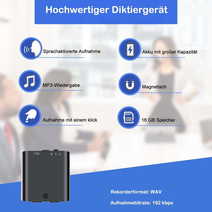 Mini Sprachrecorder, 16 GB, MP3-Wiedergabe, Magnet und Sprachaktivierung, USB-wiederaufladbare Voice