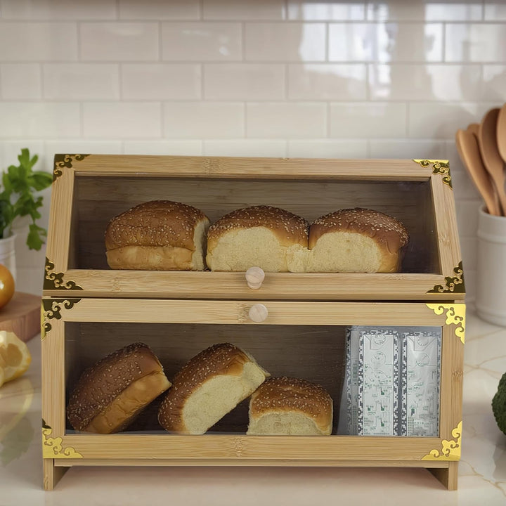 ARTAWEIN Extra grosse Bambus-Eck-Brotbox für Küchenarbeitsplatte – Doppelschichtiger, luftdichter Br