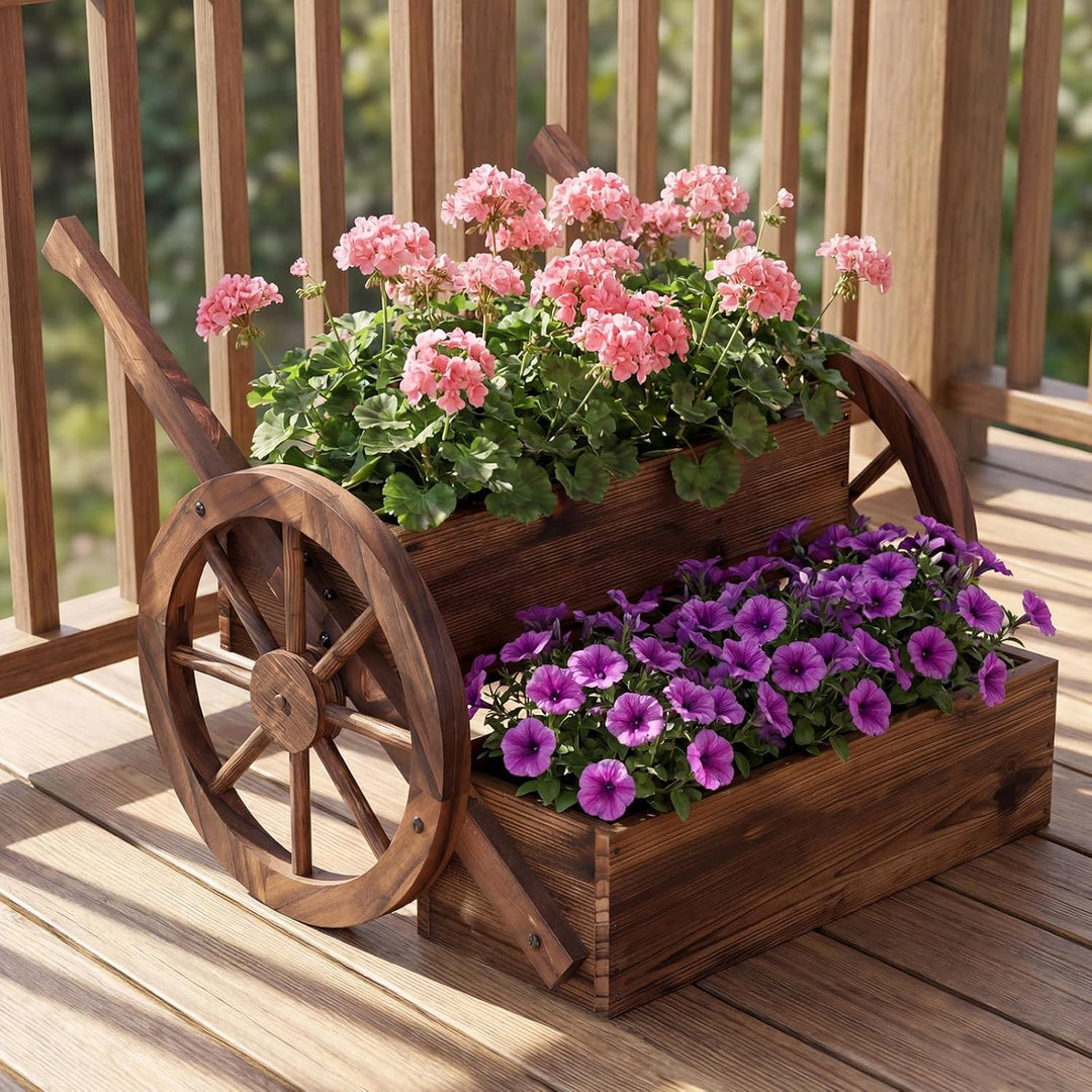 COSTWAY Blumenwagen Holz, Blumenständer mit 2 Rädern & Griffen & Drainagelöchern, Pflanzwagen, 2-stu
