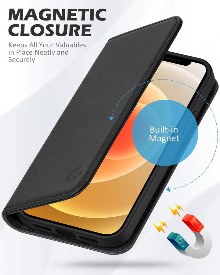 SHIELDON iPhone 12 Hülle, iPhone 12 Pro Handyhülle [Echtleder] [RFID-Sperre] [Kartenfach] [Magnet] [