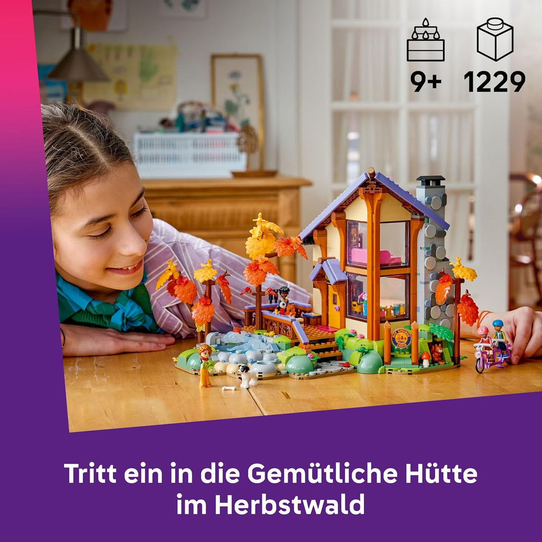 LEGO Friends Gemütliche Hütte im Herbstwald - Miniatur Spielhaus mit 4 Minifiguren, 2 Haustierfigure