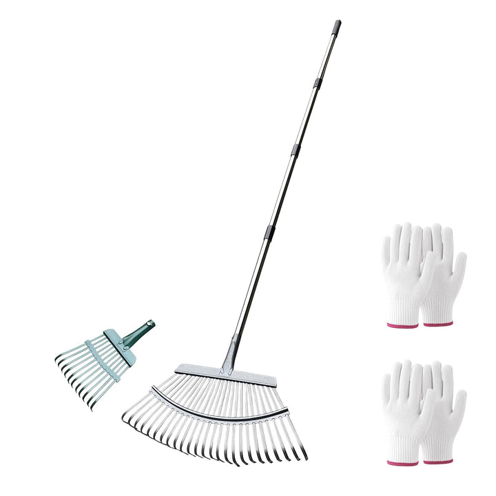 Rechen Garten,25+11 Zinken Laubrechen mit Stiel Metall, Verstellbarer Stiel (70-185 cm),Garten Laubr
