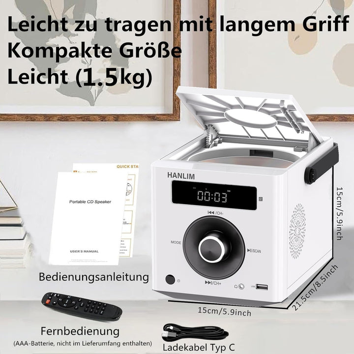 HANLIM Tragbarer CD-Player 20W Bluetooth-kompatibel/UKW-Radio/MP3-Wiedergabe/USB/AUX-Eingang/Kopfhör
