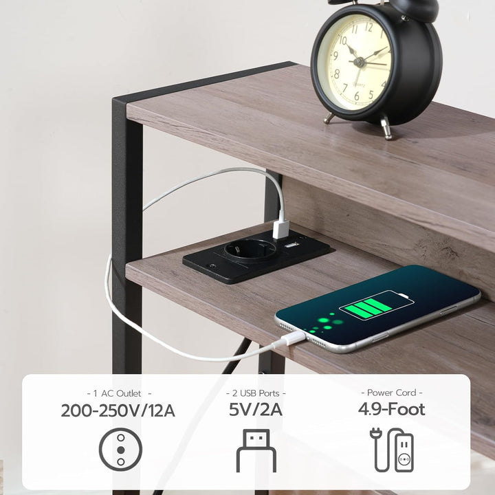 Beistelltisch Schmal, Couchtisch mit Ladestation, 3-stufiger Nachttisch, Sofatisch mit 2 Holzwerksto