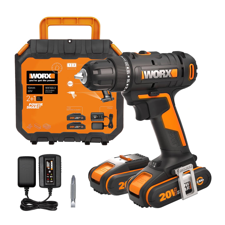 WORX 18V (20V) Akku-Bohrschrauber WX100.3, PowerShare, max. 30 Nm Drehmoment, variable Drehzahl, LED
