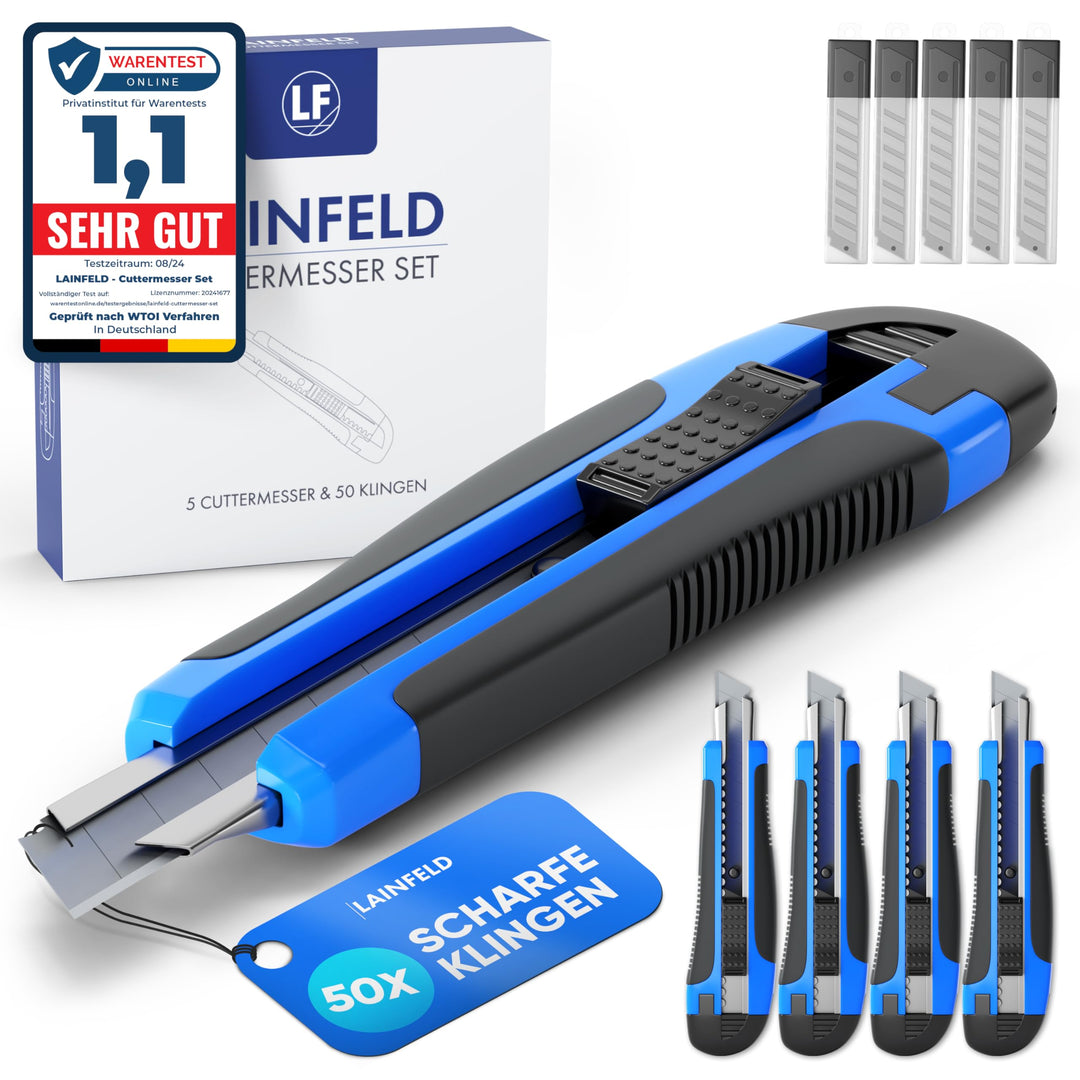 LAINFELD Cuttermesser Set | 5 Teppichmesser + 50 Klingen | 18mm Klingen | Profi Cutter Messer | Kutt