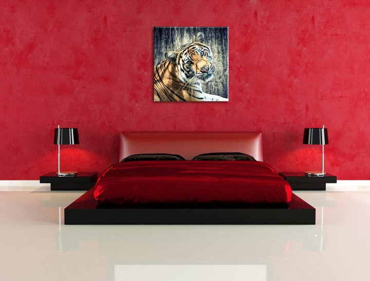 Neugieriger Tiger, Format: 70x70 auf Leinwand, XXL riesige Bilder fertig gerahmt mit Keilrahmen, Kun