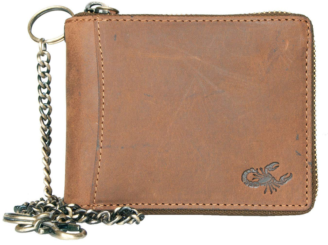 Born to be Wild Herren RFID Geldbörse aus Echtem Naturleder mit einem Skorpion und Metallkette