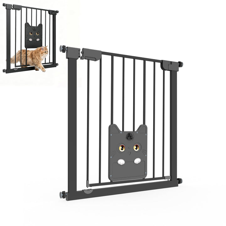 XMTECH Türschutzgitter mit Katzenklappe, ohne Bohren Schwarz 75-85cm | Selbstschliessend mit 90° Sto